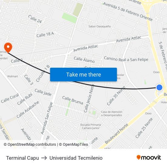 Terminal Capu to Universidad Tecmilenio map