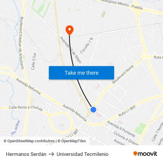 Hermanos Serdán to Universidad Tecmilenio map