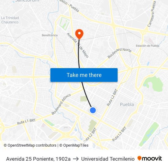 Avenida 25 Poniente, 1902a to Universidad Tecmilenio map