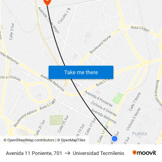 Avenida 11 Poniente, 701 to Universidad Tecmilenio map