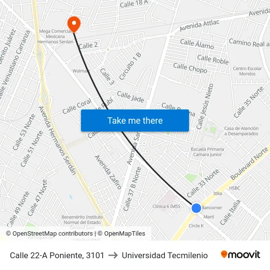 Calle 22-A Poniente, 3101 to Universidad Tecmilenio map