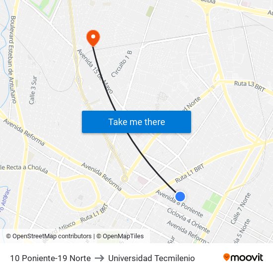 10 Poniente-19 Norte to Universidad Tecmilenio map