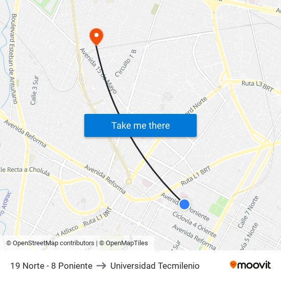 19 Norte - 8 Poniente to Universidad Tecmilenio map