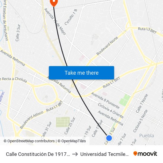 Calle Constitución De 1917, 1 to Universidad Tecmilenio map