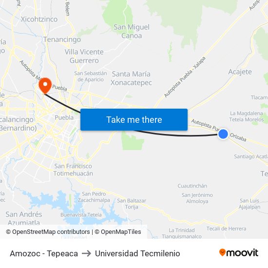 Amozoc - Tepeaca to Universidad Tecmilenio map