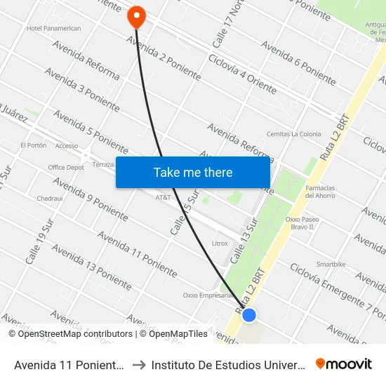 Avenida 11 Poniente 918 to Instituto De Estudios Universitarios map