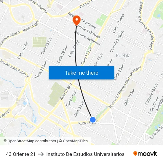 43 Oriente 21 to Instituto De Estudios Universitarios map