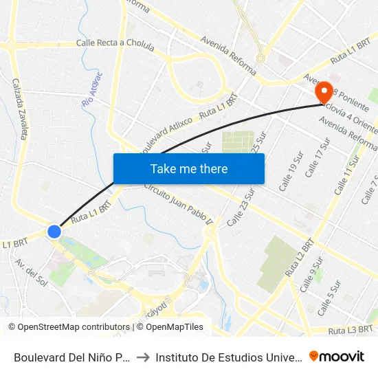 Boulevard Del Niño Poblano to Instituto De Estudios Universitarios map