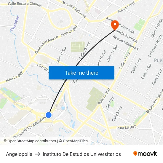 Angelopolis to Instituto De Estudios Universitarios map