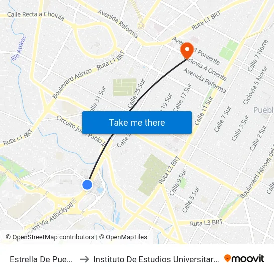 Estrella De Puebla to Instituto De Estudios Universitarios map