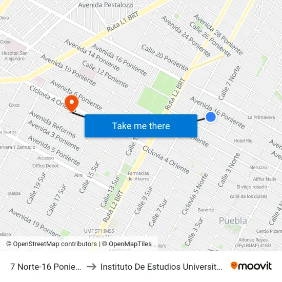 7 Norte-16 Poniente to Instituto De Estudios Universitarios map