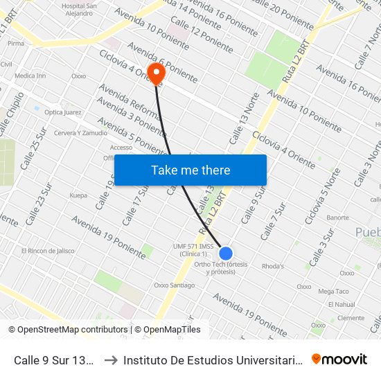 Calle 9 Sur 1306 to Instituto De Estudios Universitarios map