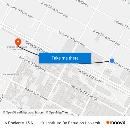 6 Poniente-15 Norte to Instituto De Estudios Universitarios map
