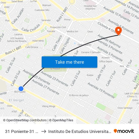 31 Poniente-31 Sur to Instituto De Estudios Universitarios map
