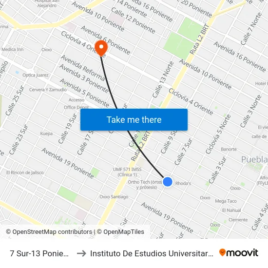 7 Sur-13 Poniente to Instituto De Estudios Universitarios map