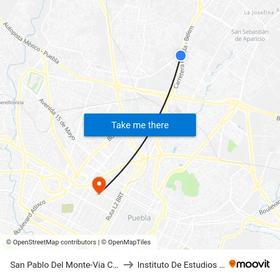 San Pablo Del Monte-Via Corta A Santa Ana to Instituto De Estudios Universitarios map