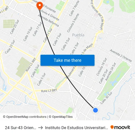 24 Sur-43 Oriente to Instituto De Estudios Universitarios map