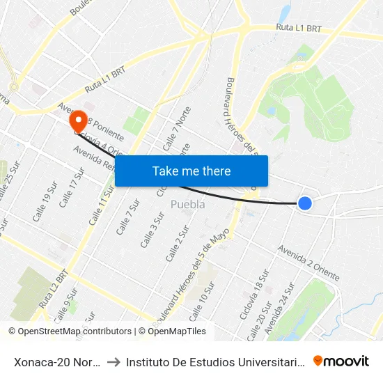 Xonaca-20 Norte to Instituto De Estudios Universitarios map