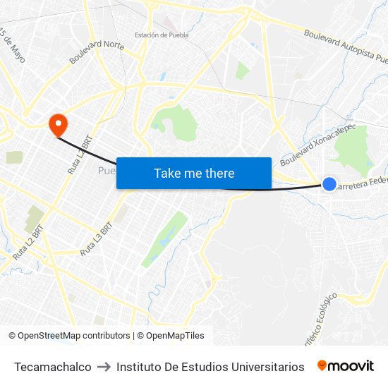 Tecamachalco to Instituto De Estudios Universitarios map