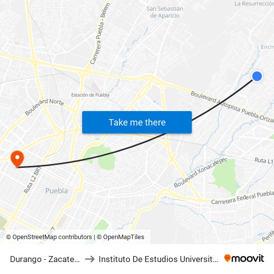 Durango - Zacatecas to Instituto De Estudios Universitarios map