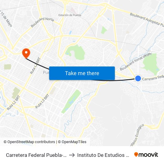 Carretera Federal Puebla-Tehuacán 171 to Instituto De Estudios Universitarios map