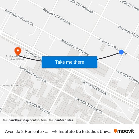 Avenida 8 Poniente - 15 Norte to Instituto De Estudios Universitarios map