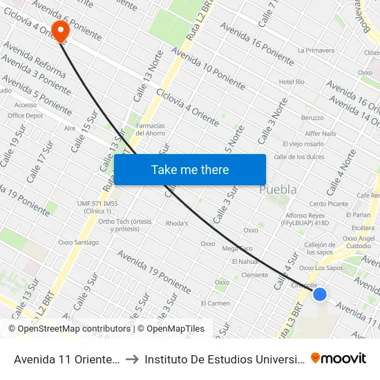 Avenida 11 Oriente 427 to Instituto De Estudios Universitarios map