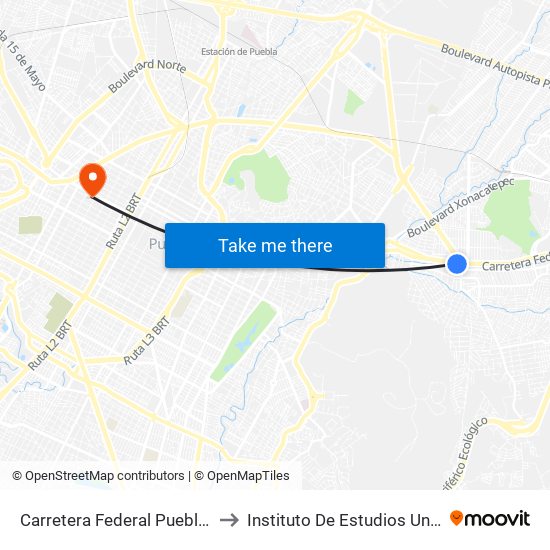 Carretera Federal Puebla - Tepeaca to Instituto De Estudios Universitarios map