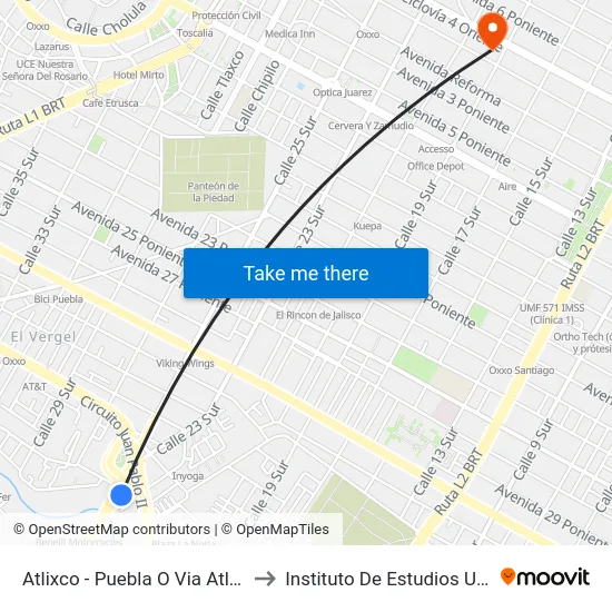 Atlixco - Puebla O Via Atlixcayotl 2309 to Instituto De Estudios Universitarios map