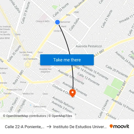 Calle 22-A Poniente, 3101 to Instituto De Estudios Universitarios map
