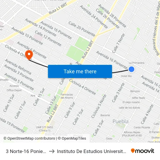 3 Norte-16 Poniente to Instituto De Estudios Universitarios map