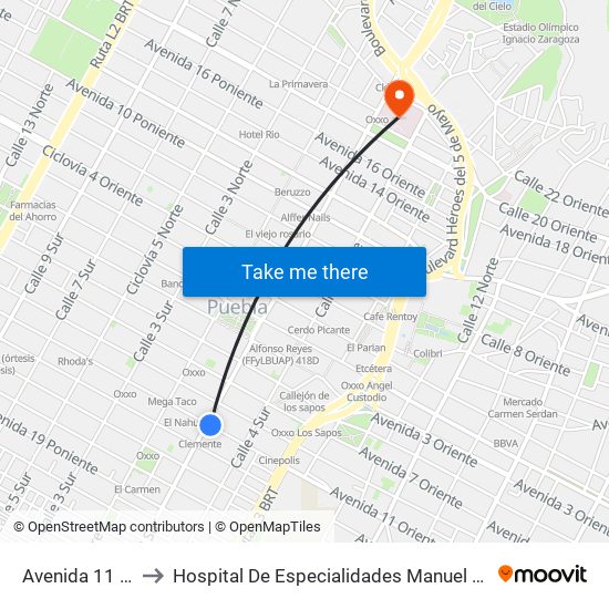 Avenida 11 Oriente, 161 to Hospital De Especialidades Manuel Avila Camacho (Imss San José) map