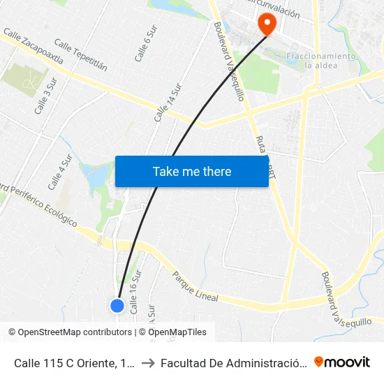 Calle 115 C Oriente, 1403_1 to Facultad De Administración Buap map