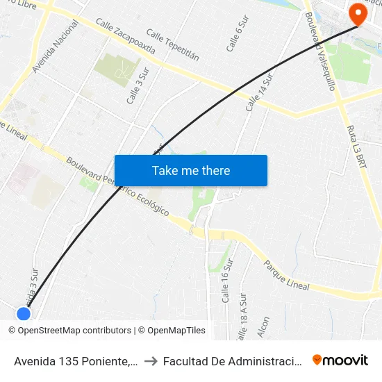 Avenida 135 Poniente, 301_2 to Facultad De Administración Buap map