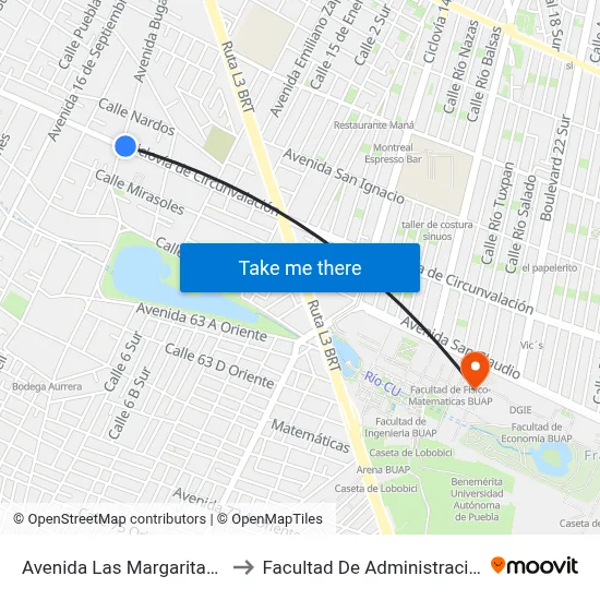 Avenida Las Margaritas, 202_1 to Facultad De Administración Buap map