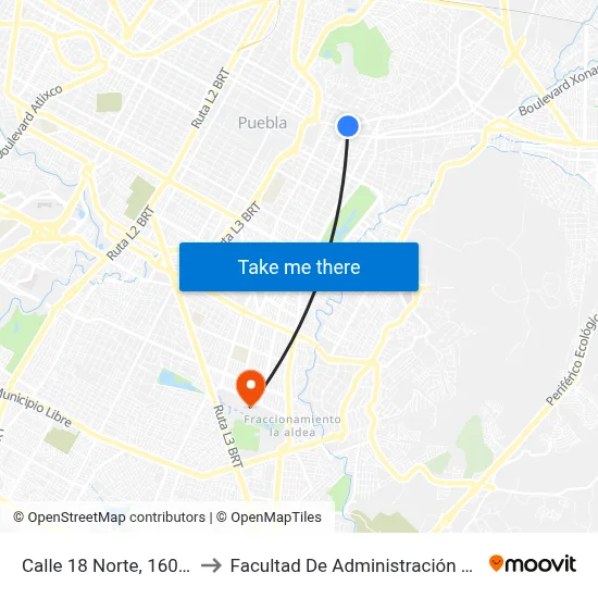 Calle 18 Norte, 1607_4 to Facultad De Administración Buap map