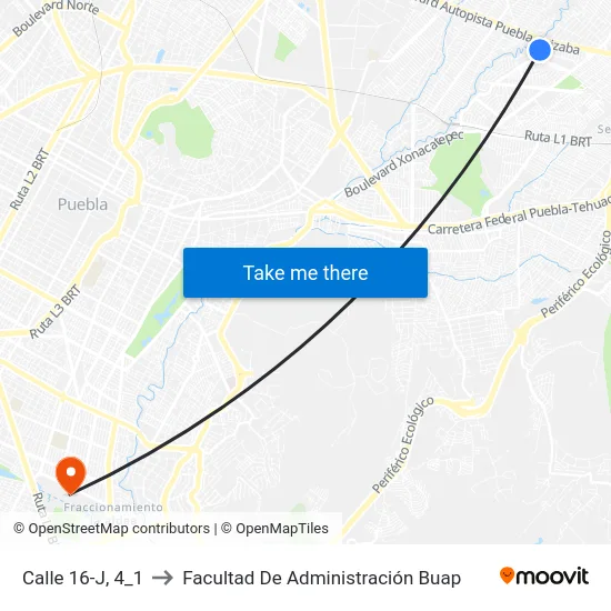Calle 16-J, 4_1 to Facultad De Administración Buap map