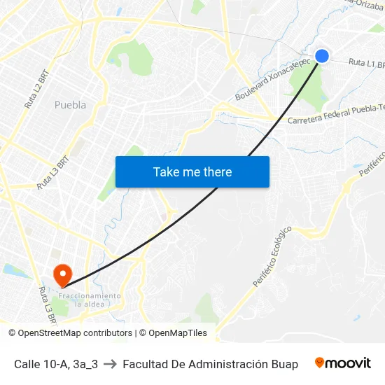 Calle 10-A, 3a_3 to Facultad De Administración Buap map