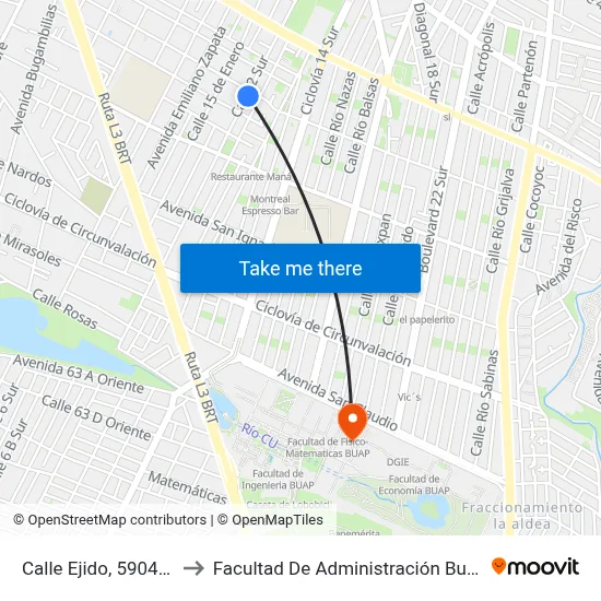 Calle Ejido, 5904_1 to Facultad De Administración Buap map