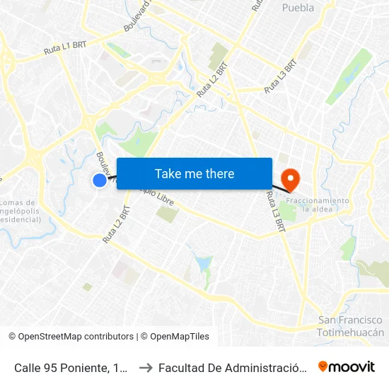 Calle 95 Poniente, 1902_2 to Facultad De Administración Buap map