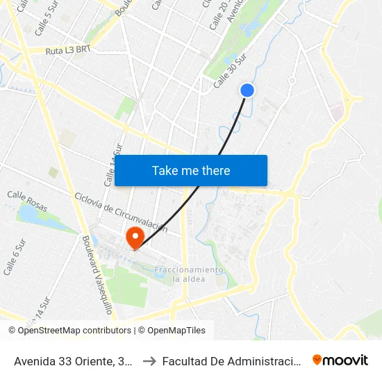 Avenida 33 Oriente, 3208_22 to Facultad De Administración Buap map