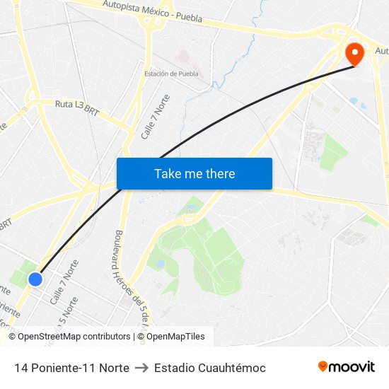 14 Poniente-11 Norte to Estadio Cuauhtémoc map