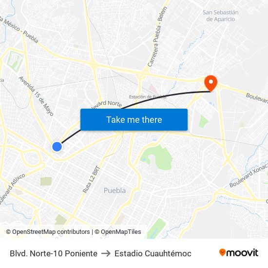 Blvd. Norte-10 Poniente to Estadio Cuauhtémoc map
