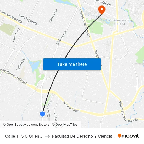 Calle 115 C Oriente, 1403_1 to Facultad De Derecho Y Ciencias Sociales Buap map