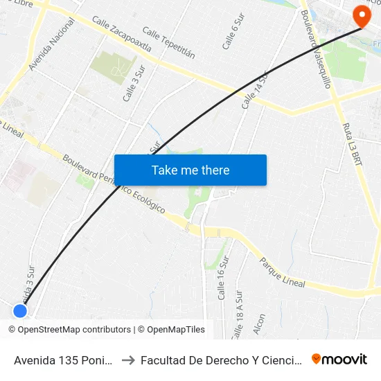Avenida 135 Poniente, 301_2 to Facultad De Derecho Y Ciencias Sociales Buap map