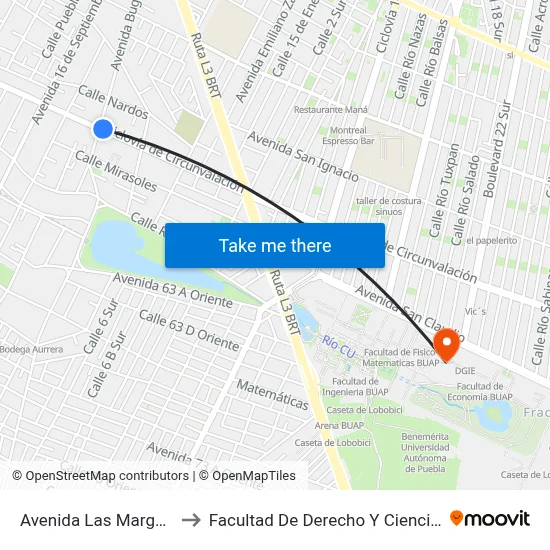 Avenida Las Margaritas, 202_1 to Facultad De Derecho Y Ciencias Sociales Buap map