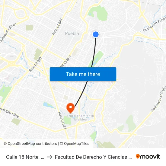 Calle 18 Norte, 1607_4 to Facultad De Derecho Y Ciencias Sociales Buap map