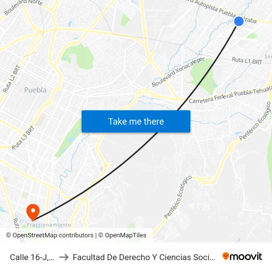 Calle 16-J, 4_1 to Facultad De Derecho Y Ciencias Sociales Buap map