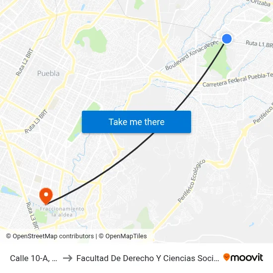 Calle 10-A, 3a_3 to Facultad De Derecho Y Ciencias Sociales Buap map