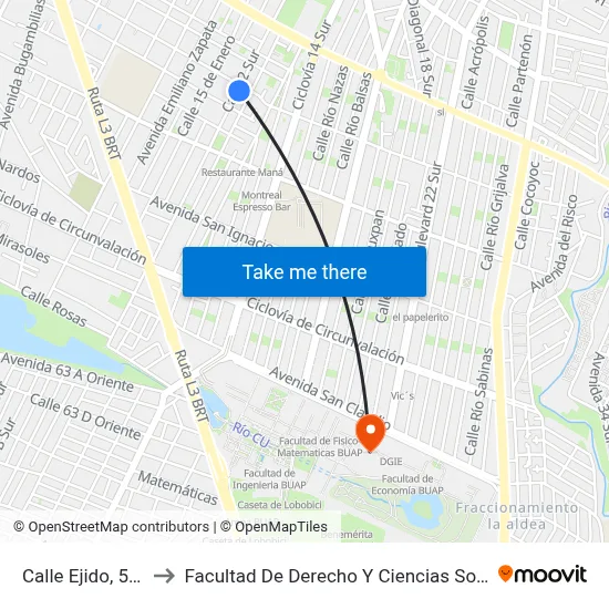 Calle Ejido, 5904_1 to Facultad De Derecho Y Ciencias Sociales Buap map